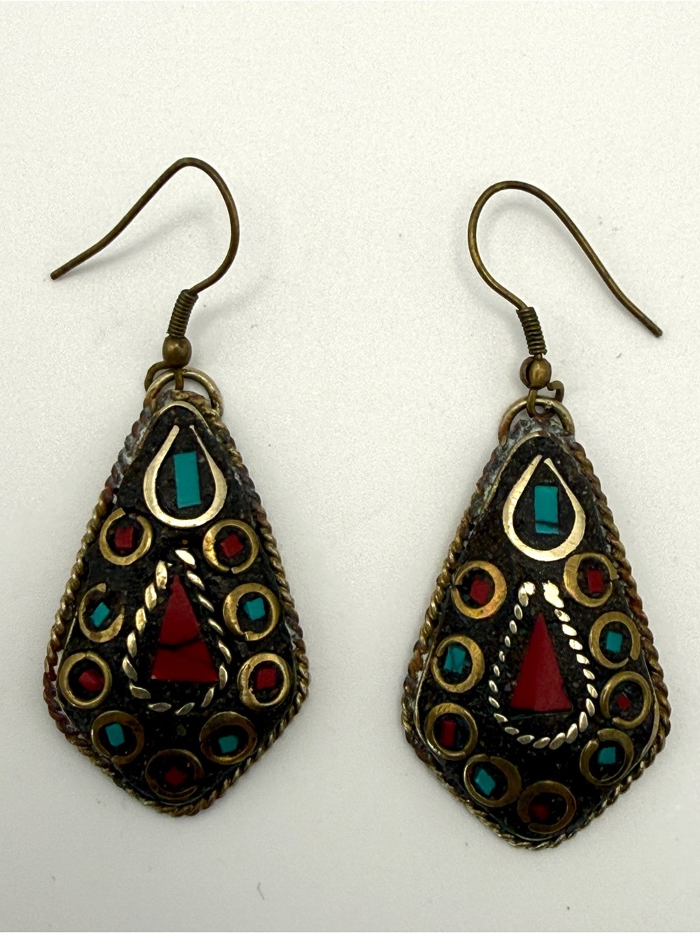 Brass Dangle Earrings with Turquoise and Red Coral Inlay